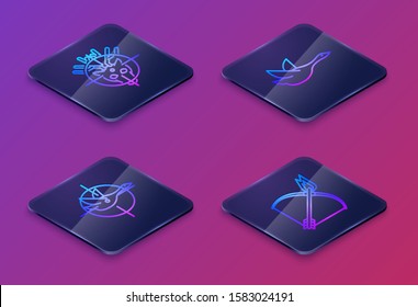 Set Isometric line Hunt on deer with crosshairs, Hunt on duck with crosshairs, Flying duck and Bow and fire arrow. Blue square button. Vector
