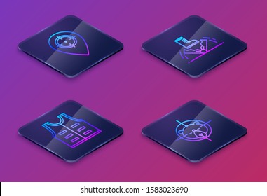 Set Isometric line Hunt place, Hunting jacket, Trap hunting and Hunt on bear with crosshairs. Blue square button. Vector