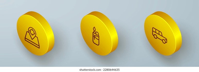 Set Isometric line Hunt place, Lighter and Safari car icon. Vector