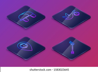 Set Isometric line Hunter hat, Hunt place, Hunt on duck with crosshairs and Flame arrow. Blue square button. Vector
