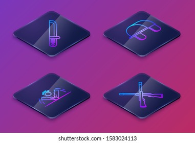 Set Isometric line Hunter knife, Trap hunting, Hunter hat and Two crossed shotguns. Blue square button. Vector