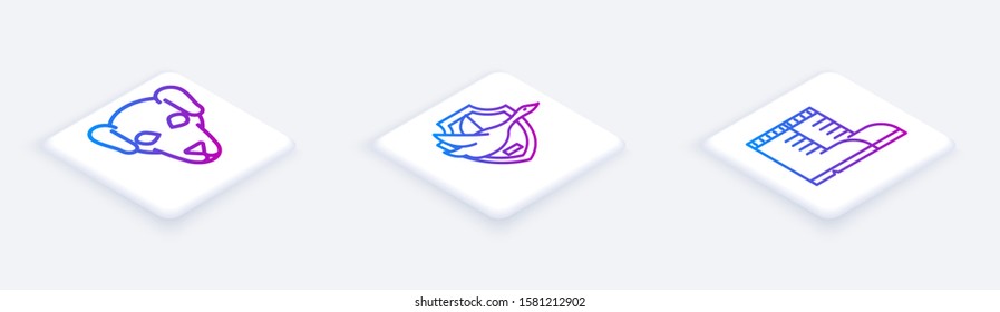 Set Isometric line Hunting dog, Flying duck on shield and Hunter boots. White square button. Vector