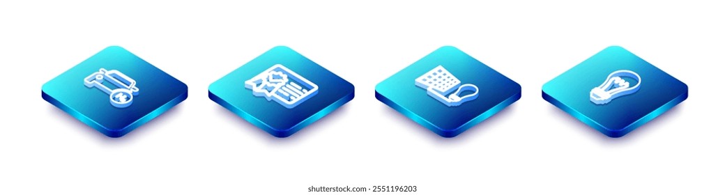 Set Isometric line Hydrogen car, Certificate template, Solar energy panel and light bulb and Light icon. Vector