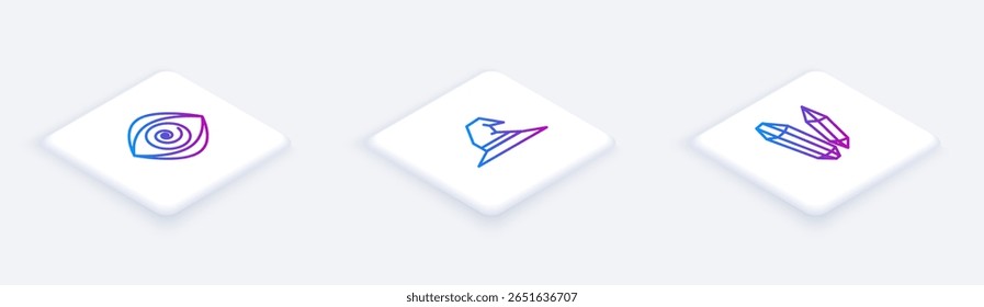 Conjunto de hipnosis de línea isométrica, sombrero de bruja y piedra mágica. Botón cuadrado blanco. Vector