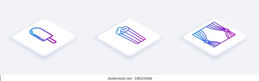 Set Isometric line Ice cream, Popcorn in cardboard box and Curtain. White square button. Vector