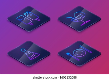 Set Isometric line Ice cream , Party hat , Martini glass  and Plate, fork and knife . Blue square button. Vector