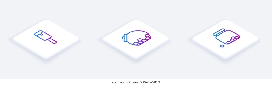Fijar la línea isométrica helado, tarro de vidrio con caramelos dentro y fuera. Botón cuadrado blanco. Vector