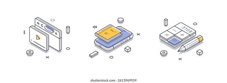 Set of isometric line icons illustrating online education concepts, including digital learning platforms, interactive modules, and educational tools.