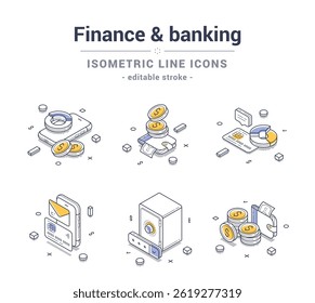 Set of isometric line icons related to finance and banking. Each icon is designed with clear details reflecting various financial concepts suitable for digital projects. Vector illustration