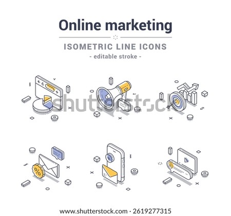 Set of isometric line icons representing various aspects of online marketing, including social media, analytics, and email campaigns. Perfect for digital marketing materials. Vector illustration