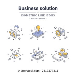 Conjunto de ícones de linha isométrica que ilustram soluções essenciais de negócios, incluindo conceitos de estratégia, finanças e trabalho em equipe. Conjunto de ilustrações vetoriais modernas