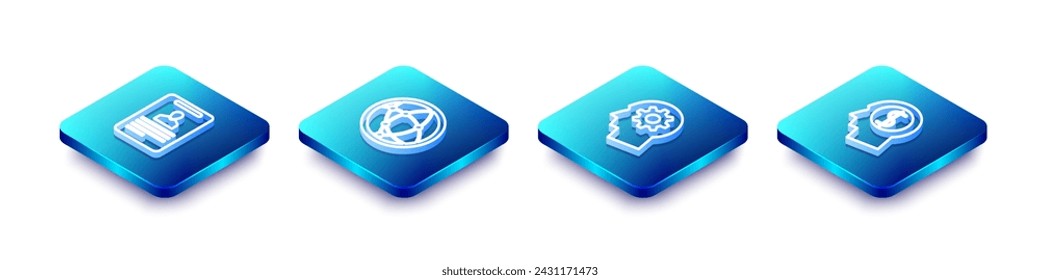 Set Isometric line Identification badge, Social network, Human head with gear inside and Business planning mind icon. Vector