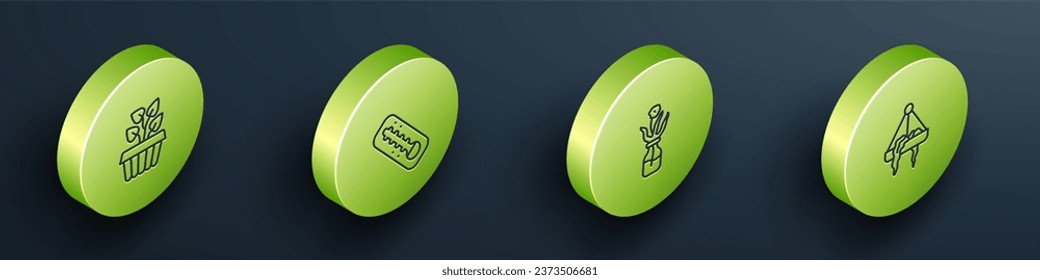 Set Isometric line Indoor plant ivy in a pot, Meteorology thermometer, Flower glass bottle and Plant hanging icon. Vector