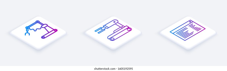 Set Isometric line Industrial machine robotic robot arm hand factory, Robot and Software, web developer programming code. White square button. Vector