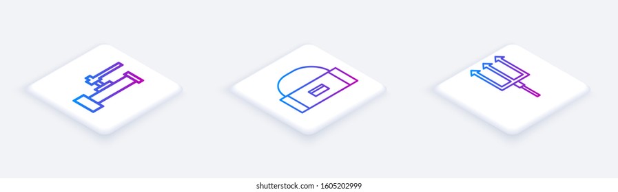 Set Isometric line Industry metallic pipes and valve, Case or box container for wobbler and Neptune Trident. White square button. Vector