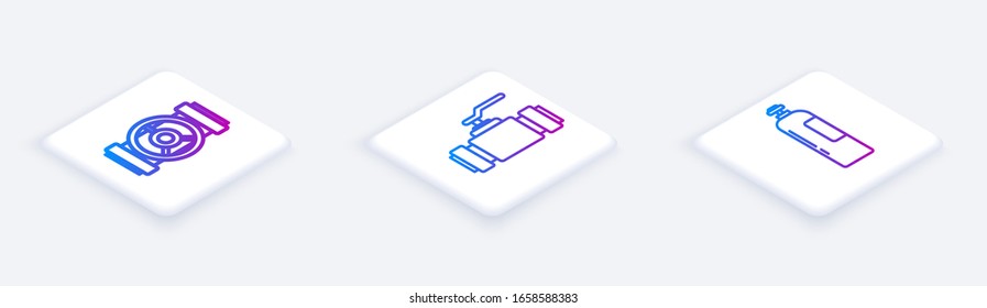 Set Isometric line Industry metallic pipes and valve, Industry metallic pipes and valve and Industrial gas cylinder tank. White square button. Vector