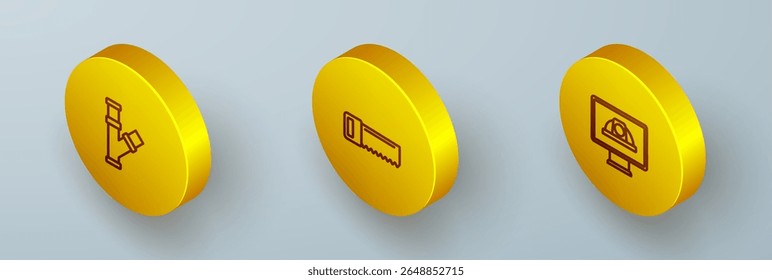 Set Isometric line Industry metallic pipe, Hand saw and Worker safety helmet icon. Vector