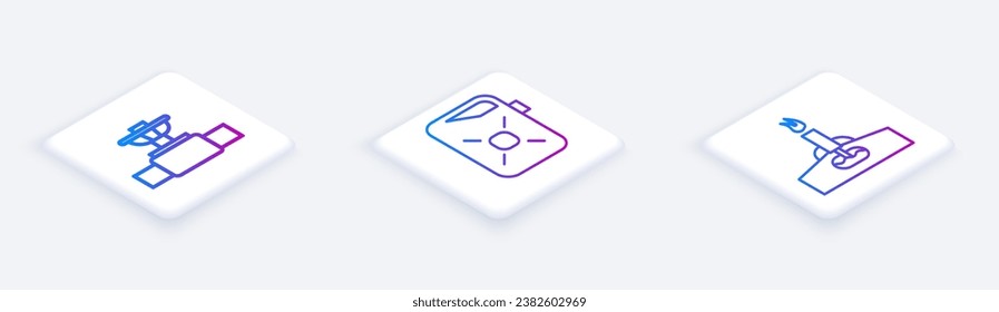 Set Isometric line Industry pipe and valve, Canister for motor oil and Oil rig with fire. White square button. Vector