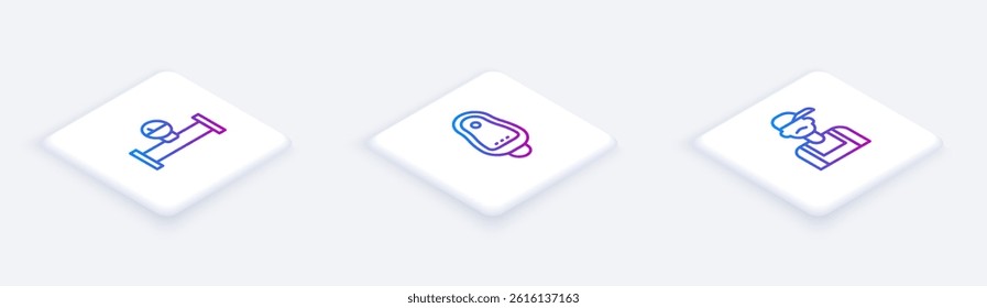 Set Isometric line Industry pipe and manometer, Toilet urinal or pissoir and Plumber. White square button. Vector