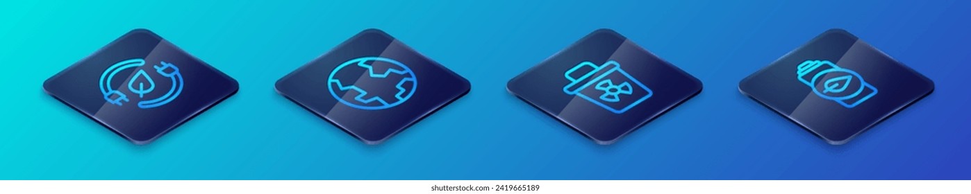 Set Isometric line Infectious waste, Electric saving plug in leaf, Eco nature battery and Earth globe icon. Vector