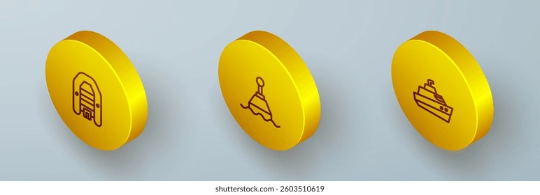 Set Isometric line Inflatable boat with motor, Floating buoy and Speedboat icon. Vector