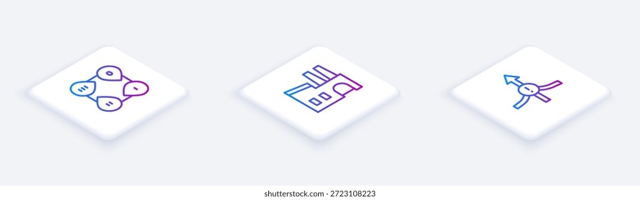 Set Isometric line Infographic element, Factory and Arrow. White square button. Vector