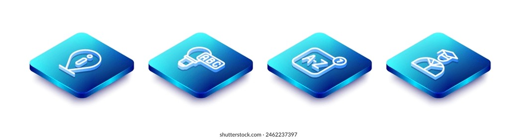 Set Isometric line Information, Creative lamp light idea, Online translator and Graduate and graduation cap icon. Vector