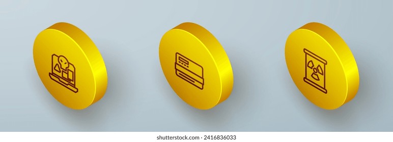 Set Isometric line Internet piracy, Credit card and Radioactive waste in barrel icon. Vector