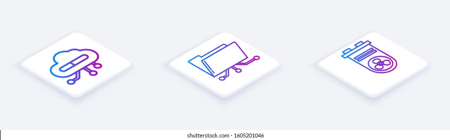Set Isometric line Internet of things, Folder and lock and Video graphic card. White square button. Vector