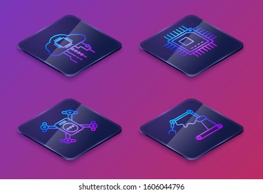 Set Isometric line Internet of things, Drone flying with action camera, Processor with microcircuits CPU and Industrial machine robotic robot arm hand factory. Blue square button. Vector