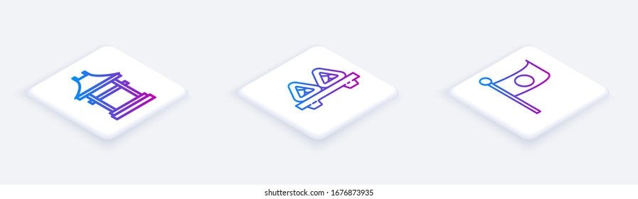 Set Isometric line Japan Gate, Sushi on cutting board and National flag of Japan on pole. White square button. Vector