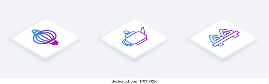Set Isometric line Japanese paper lantern, Japanese tea ceremony and Sushi on cutting board. White square button. Vector