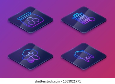 Set Isometric line Jar of honey, Bee and honeycomb, Honeycomb and Honeycomb. Blue square button. Vector