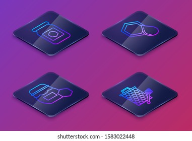 Set Isometric line Jar of honey, Jar of honey, Honeycomb and Honeycomb with honey dipper stickicon. Blue square button. Vector