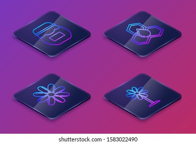 Set Isometric line Jar of honey, Flower, Honeycomb and Flower. Blue square button. Vector