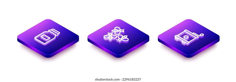 Set Isometric line Jar of honey, Bees and Honey extractor icon. Vector
