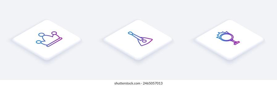 Set Isometric line Jester hat with bells, Balalaika and Circus fire hoop. White square button. Vector