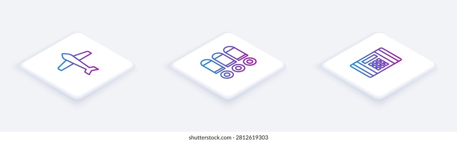 Set Isometric line Jet fighter, Bullet and Dynamite bomb. White square button. Vector