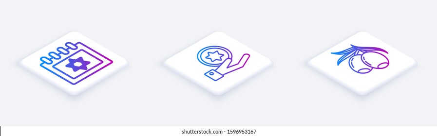 Set Isometric line Jewish calendar with star of david, Jewish coin on hand and Olives branch. White square button. Vector