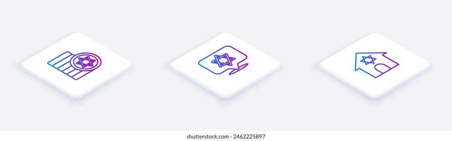 Set Isometric line Jewish coin, Star of David and synagogue. White square button. Vector