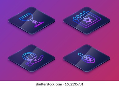 Set Isometric line Jewish goblet, Jewish coin on hand, Jewish calendar with star of david and Hanukkah dreidel. Blue square button. Vector