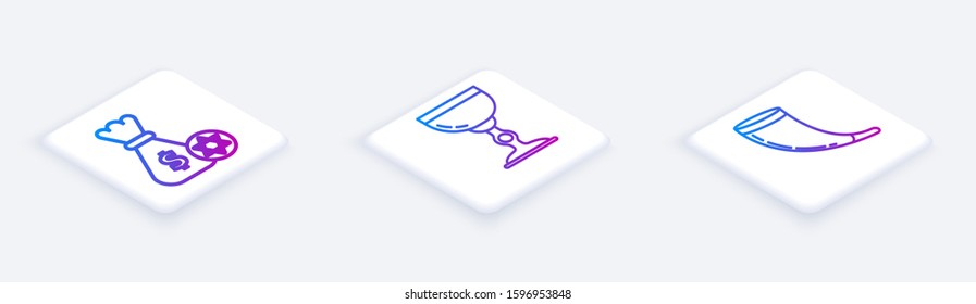 Set Isometric line Jewish money bag with star of david and coin, Jewish goblet and Traditional ram horn, shofar. White square button. Vector