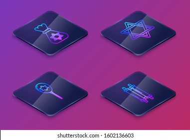 Set Isometric line Jewish money bag with star of david, Balloons with ribbon with star of david, Star of David and Torah scroll. Blue square button. Vector