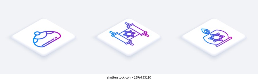 Set Isometric line Jewish sweet bakery, Torah scroll and Burning candle in candlestick with star of david. White square button. Vector