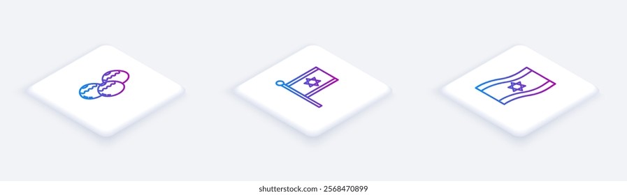 Set Isometric line Jewish sweet bakery, Flag of Israel and . White square button. Vector