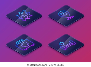 Set Isometric line Joint pain, knee pain, First aid kit, Location hospital and Hospital bed. Blue square button. Vector