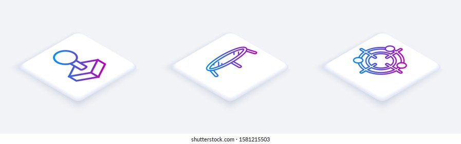 Set Isometric line Joystick for arcade machine, Jumping trampoline and Target sport for shooting competition. White square button. Vector