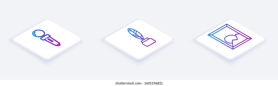 Set Isometric line Joystick for arcade machine, Feather and inkwell and Picture landscape. White square button. Vector