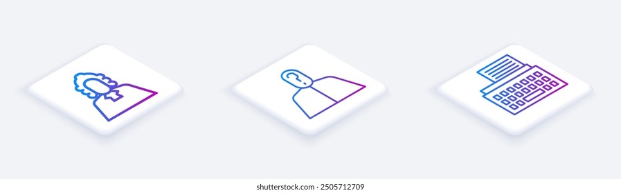 Set Isometric line Judge, Anonymous with question mark and Retro typewriter. White square button. Vector