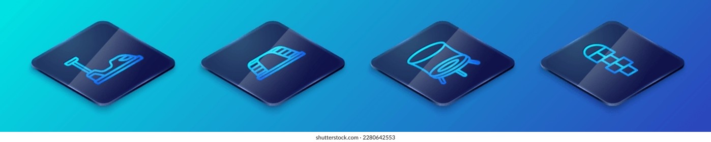 Set Isometric line Jumping trampoline, Bumper car, Hopscotch and Monkey bar icon. Vector